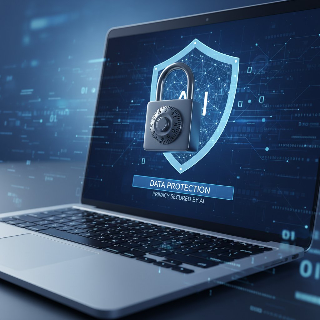 Symboliczna fotografia: zamknięta kłódka na ekranie laptopa, ilustracja ochrony danych osobowych w AI