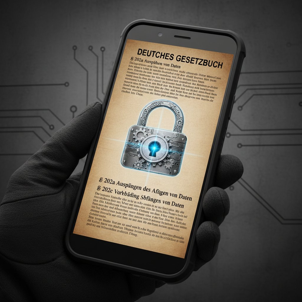 Smartphone mit digitalem Schloss und Datenschutz-Hinweisen.