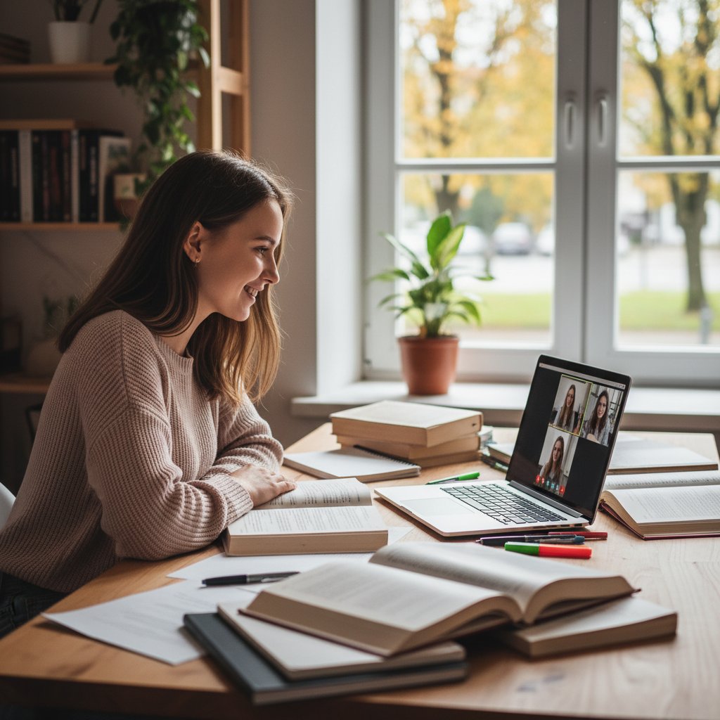 Studentka z Łodzi podczas nauki online, uśmiechnięta, otoczona książkami i laptopem