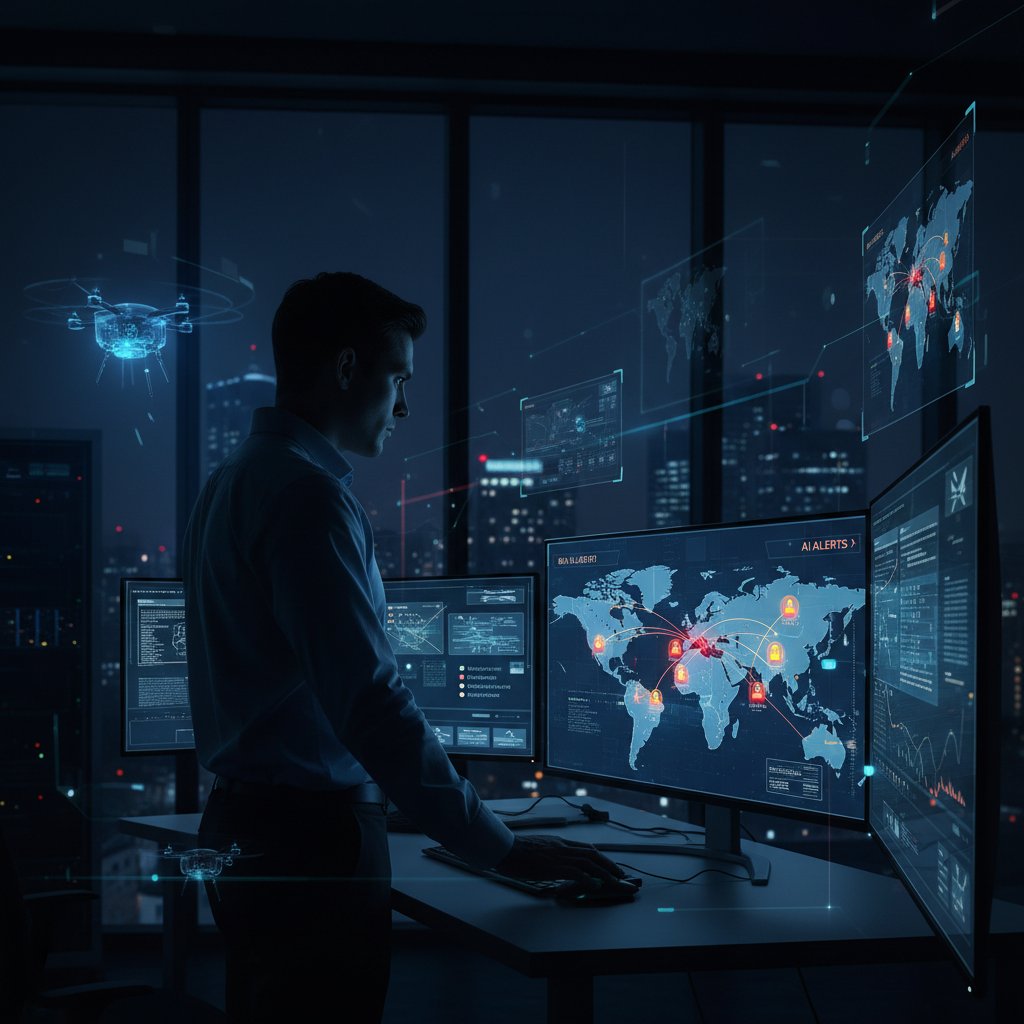 Noc, cień menedżera logistyki patrzącego na ekran z alertami AI, atmosfera niepokoju