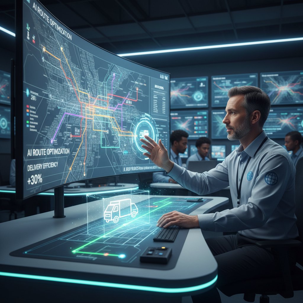 Kierowca ciężarówki i operator monitorujący optymalizację tras AI na ekranach