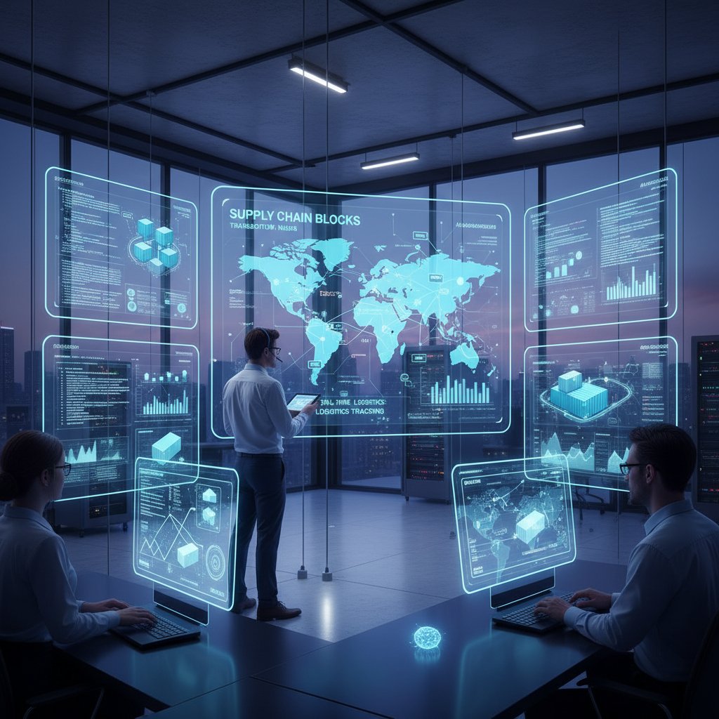 Zespół logistyczny analizujący cyfrowe dane blockchain na ekranach w centrum logistycznym