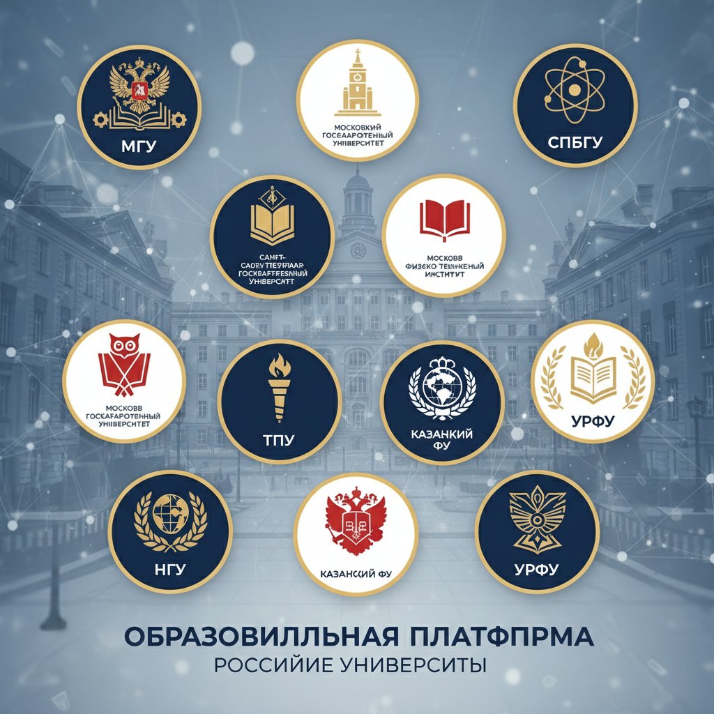 Zbliżenie logotypów renomowanych rosyjskich uniwersytetów i platform edukacyjnych