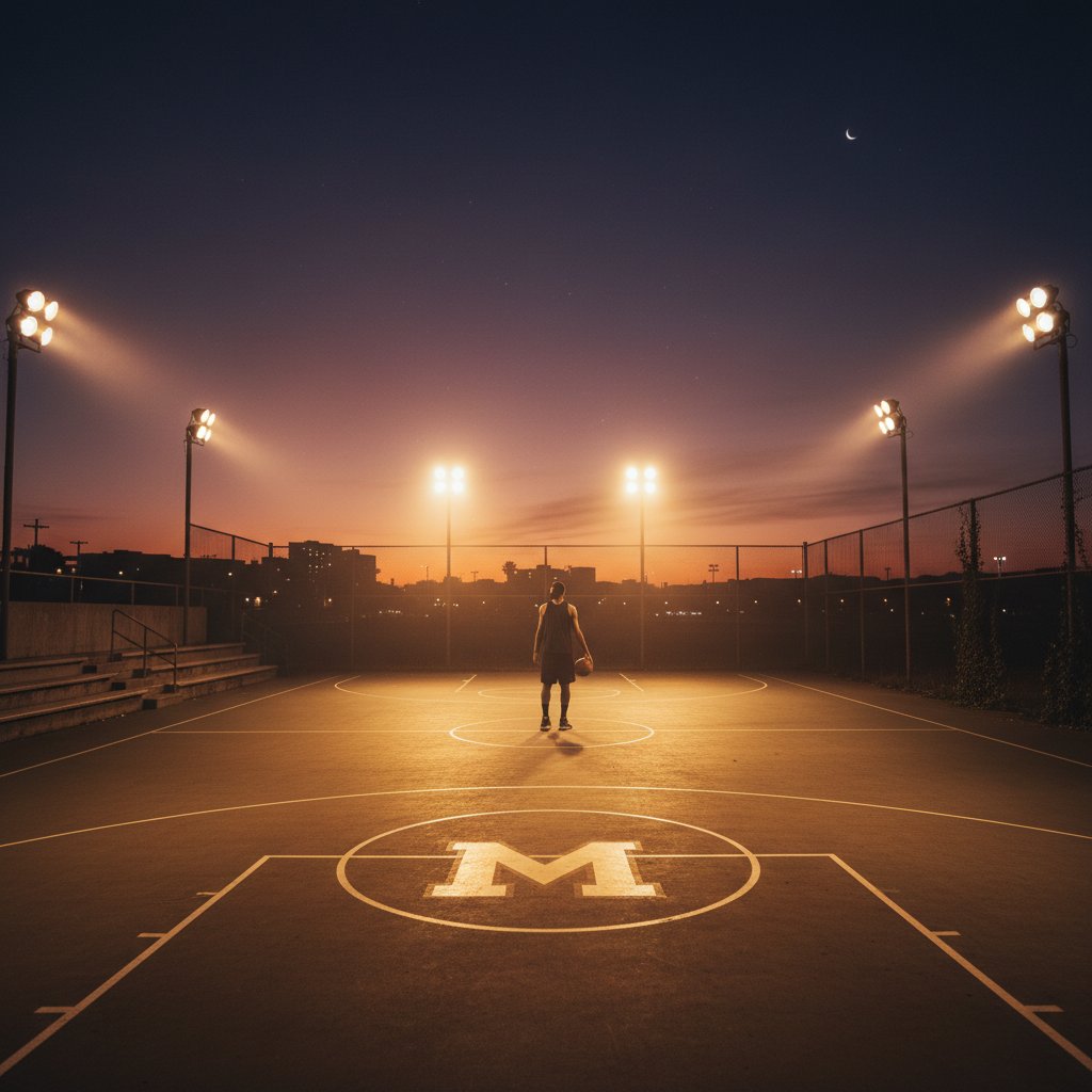 Evocative closing shot of a lone basketball player leaving a lit court at dusk, cinematic mood, symbolizing the journey through basketball movies