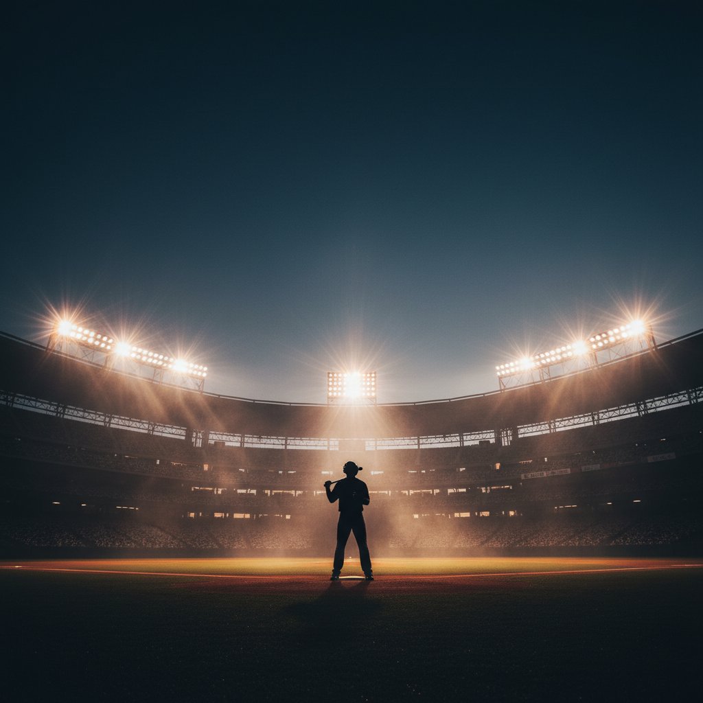 Lone batter in silhouette with floodlights blaring, baseball movies, symbolic mood