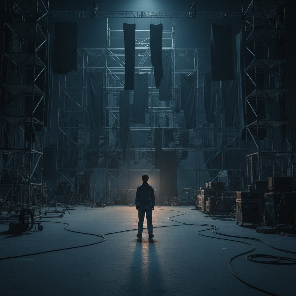 Lone film crew member working late on a dark set, symbolism of isolation and exclusion