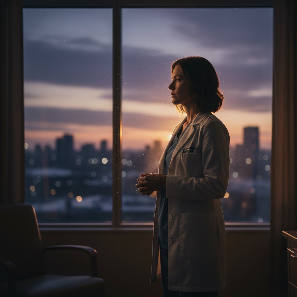 Lekarz zamyślony nad oknem po intensywnym dniu pracy.