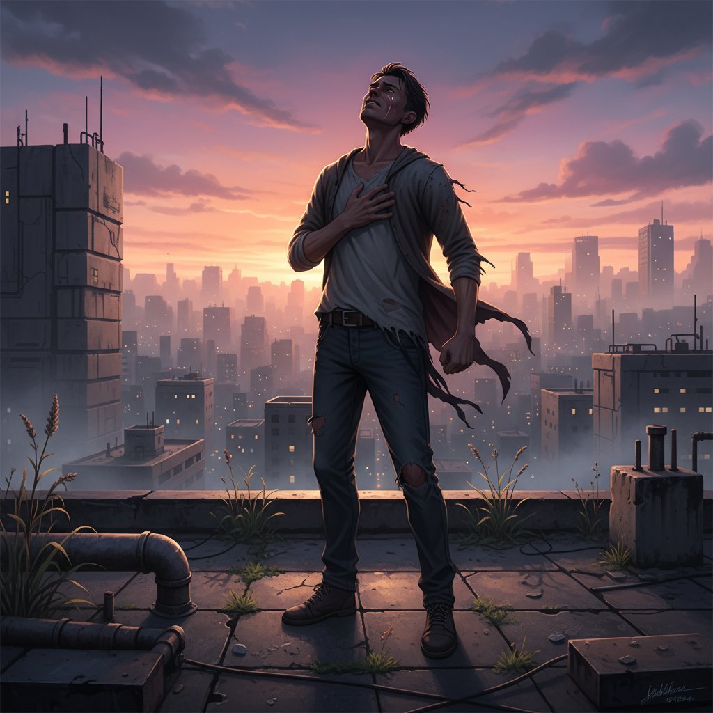 Samotna postać na dachu miasta o świcie, motyw wytrwałości, trudności życiowe