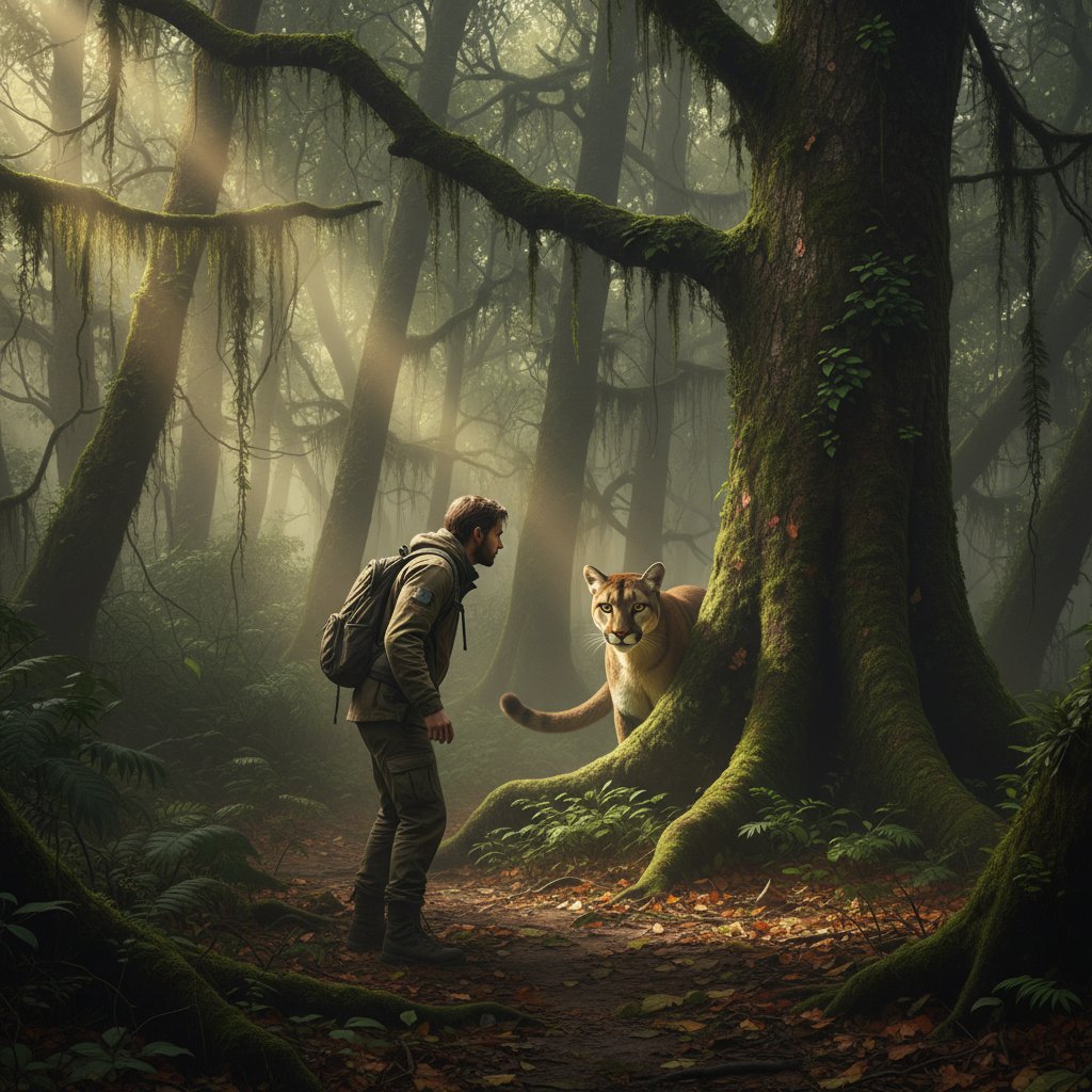 Iconic film still: Lone figure facing wild animal in dense forest