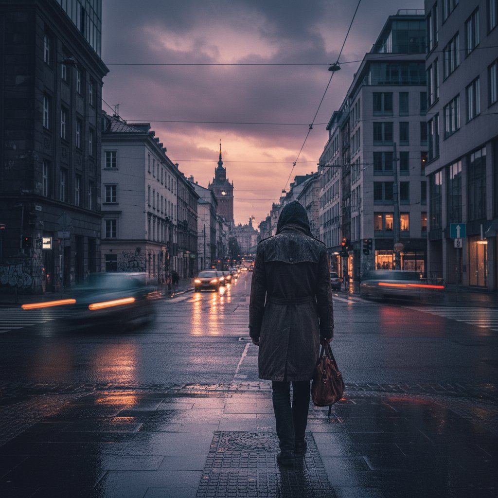 Zdjęcie osoby przemierzającej miasto o zmierzchu, symbolizujące decyzję o zmianie pracy