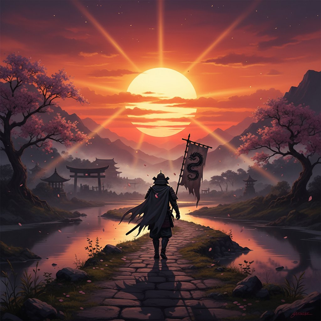 Silhouette of samurai walking into sunset, symbolizing timeless journey and the enduring power of samurai movies