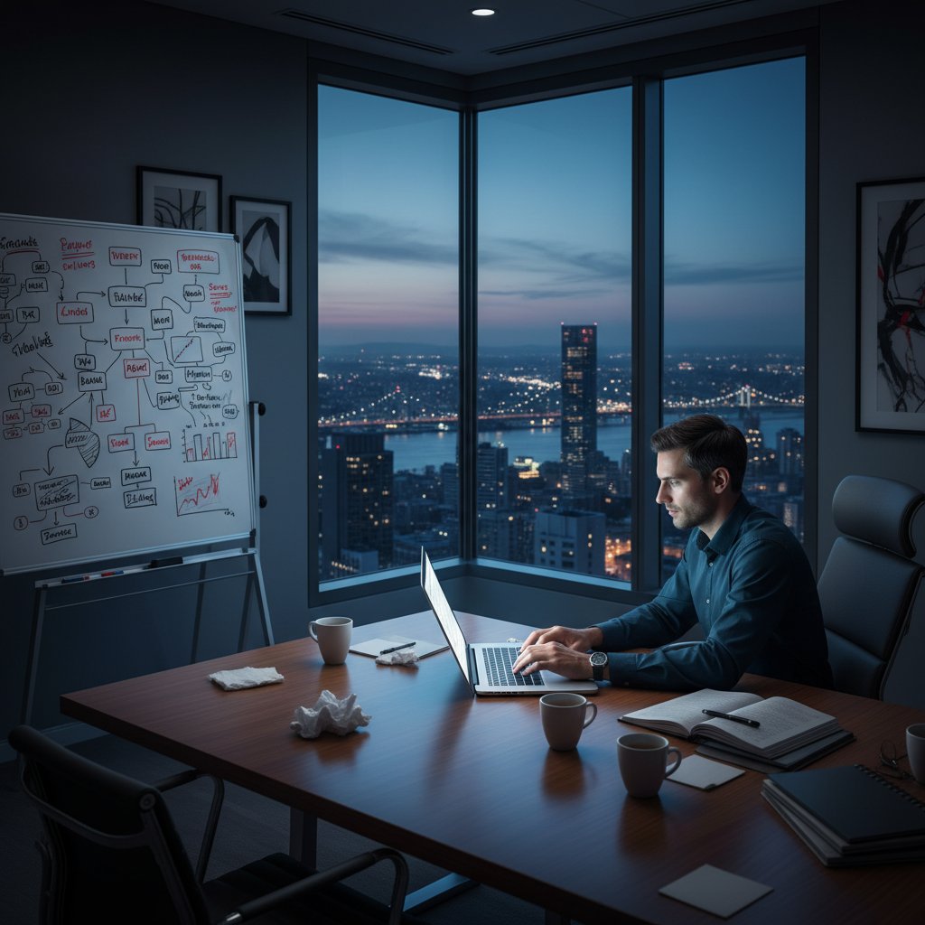 Nocna praca nad strategią biznesową w nowoczesnym biurze z widokiem na miasto