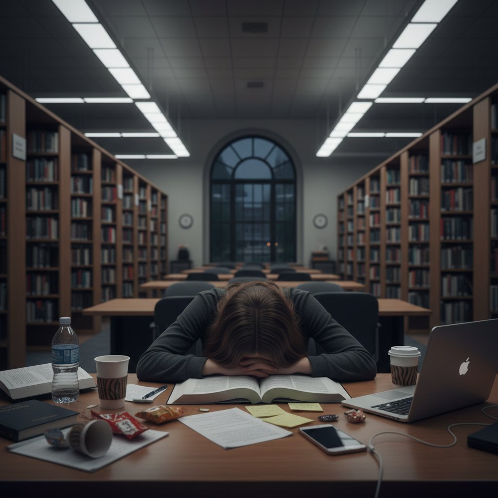 A lone student studies late at night in a dimly lit campus library, symbolizing academic burnout and stress from online academic productivity coaching