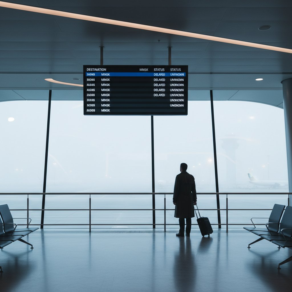 A solitary traveler gazes at a foggy airport runway, symbolizing uncertainty and anticipation for flights to Minsk