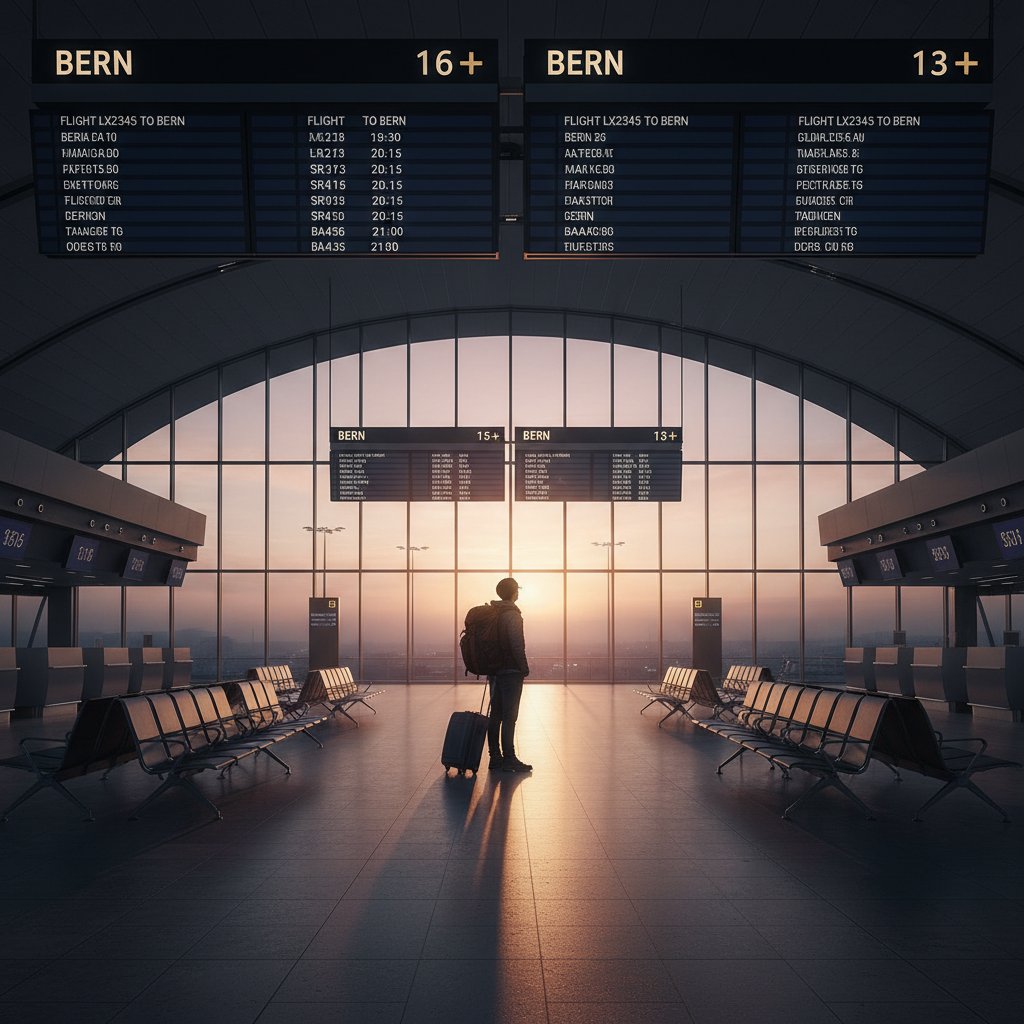 A lone traveler waits at a nearly empty Bern-Belp airport terminal, distant runway lights gleaming in the dusk, symbolizing the scarce direct flights to Bern