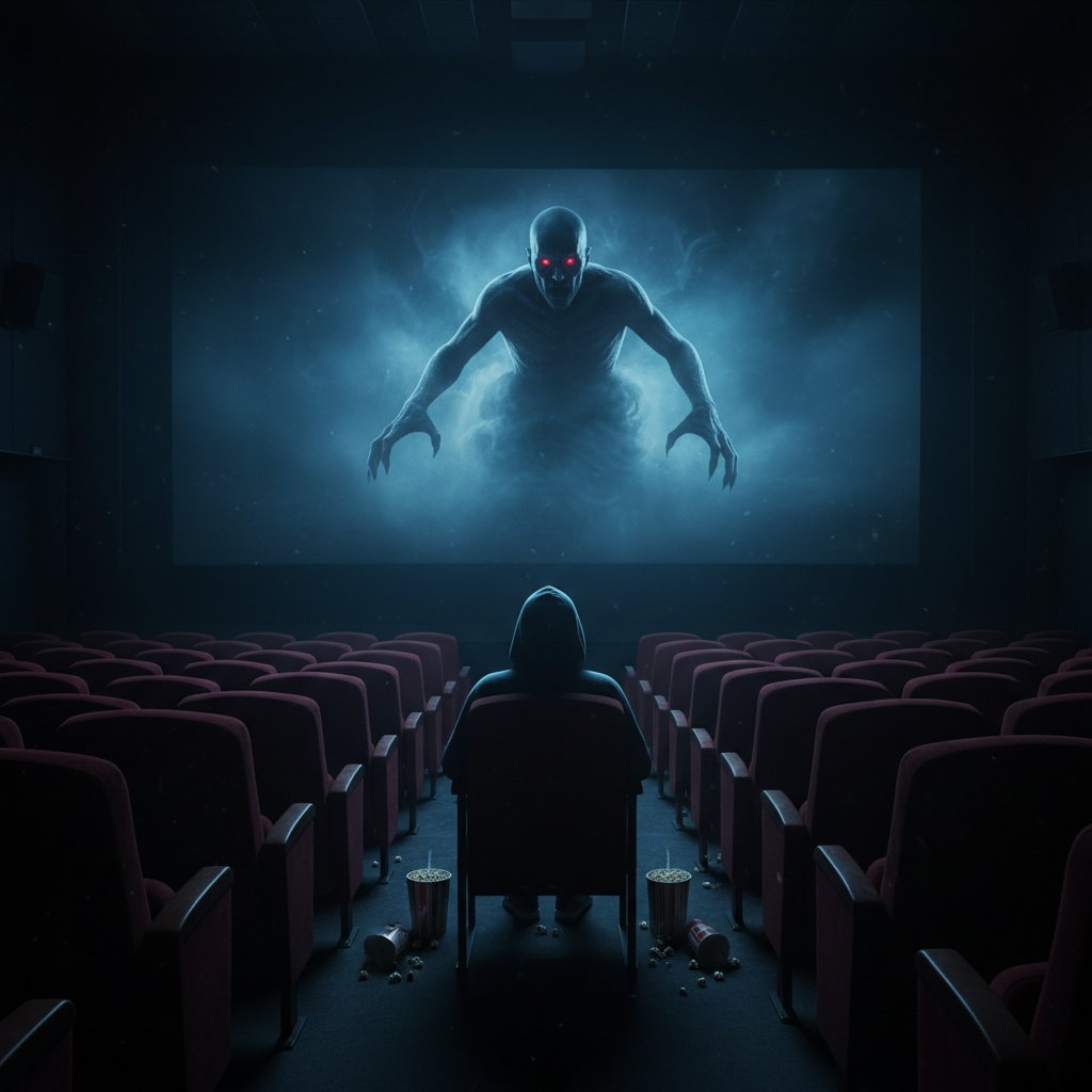 Solitary figure entranced by a horror film, seated in a dark theater illuminated only by the movie screen