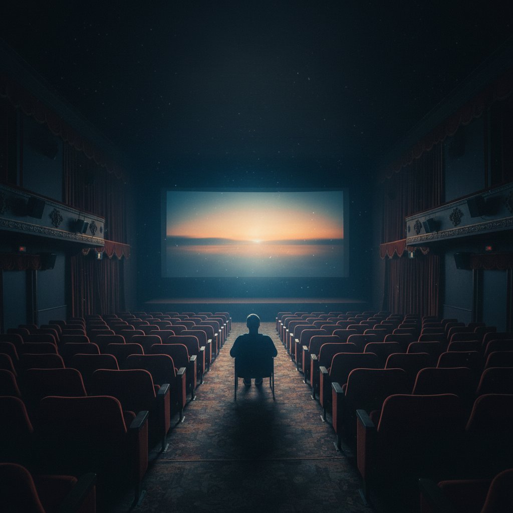 Cinematic shot of lone viewer in empty theater, moody lighting, reflective atmosphere, 16:9