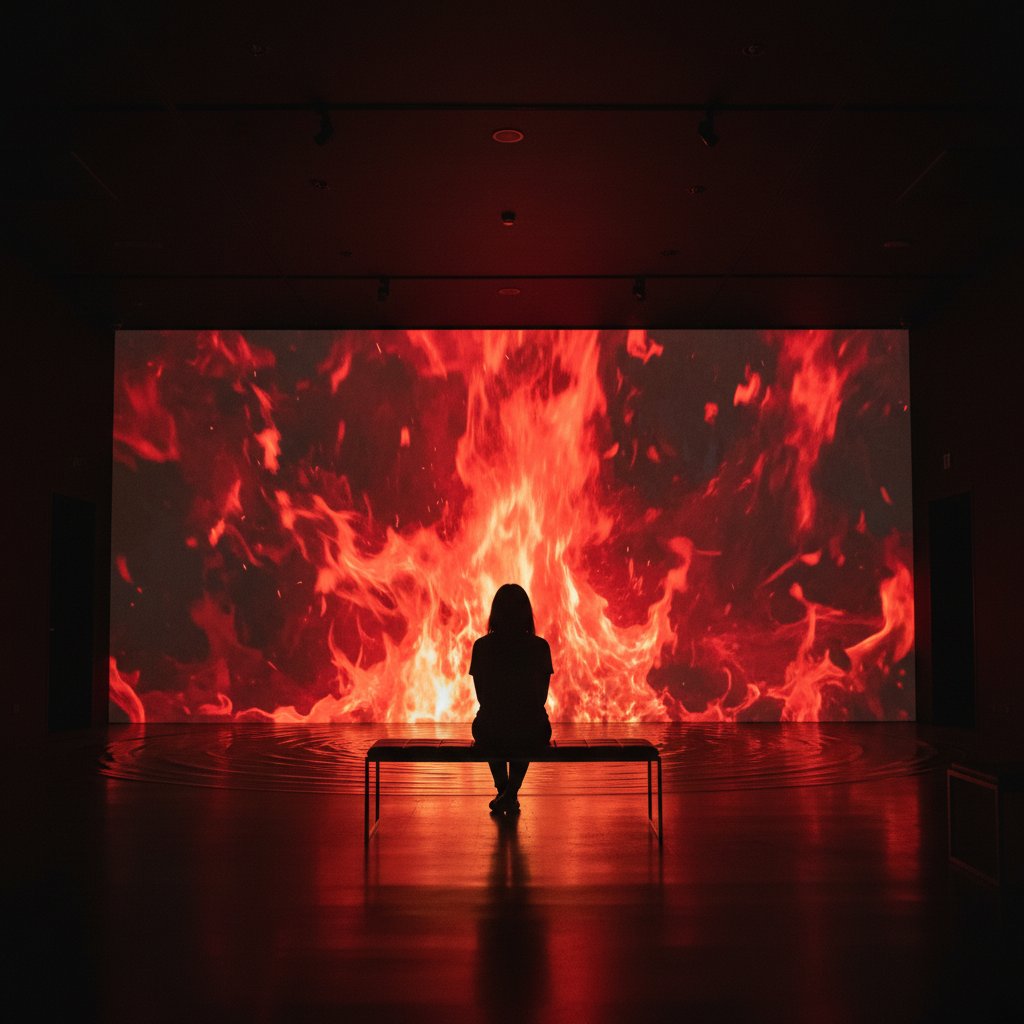 Moody, introspective photo of a lone viewer mesmerized by a screen glowing fiery red