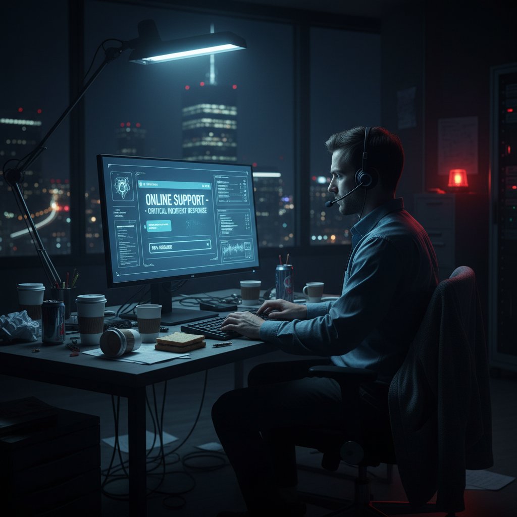 Lone worker at night in a high-stakes digital support crisis, illuminated by screens, office, online support