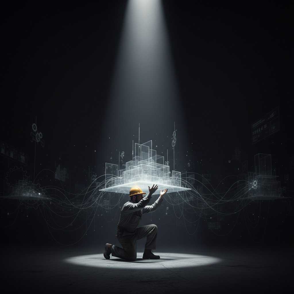 Invisible labor in as needed support—a lone worker under a spotlight, blurred colleagues in the background