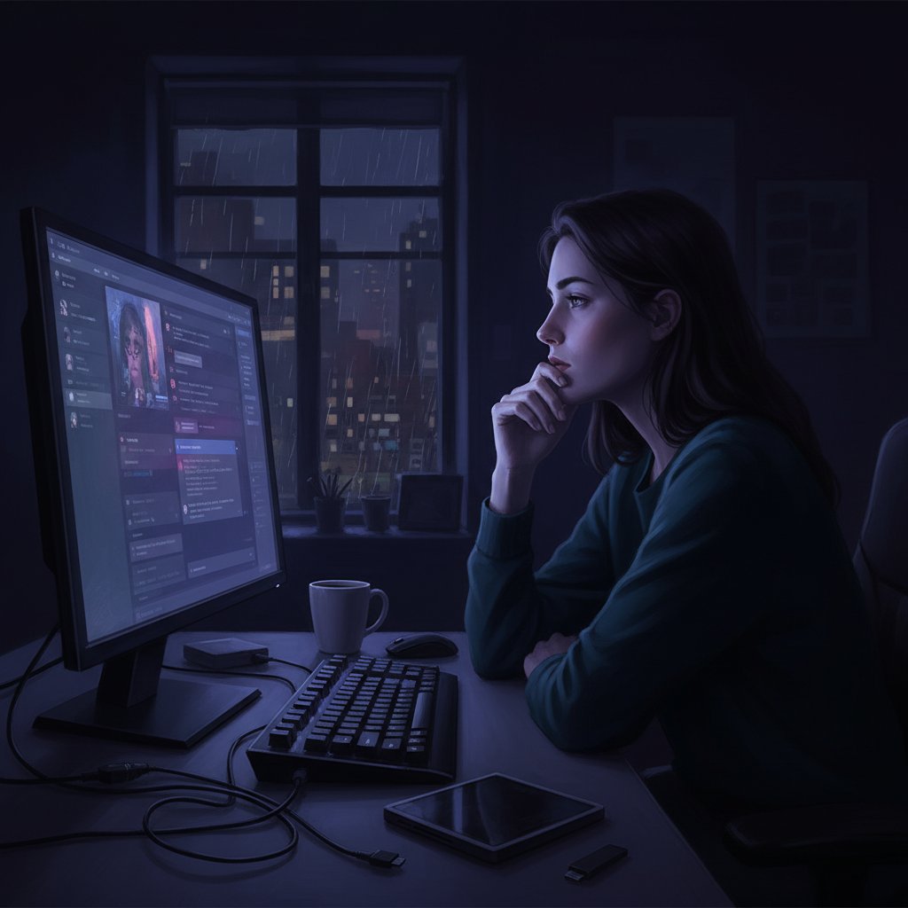 Samotność w sieci – samotna osoba przy komputerze, światło nocne, zamyślona twarz