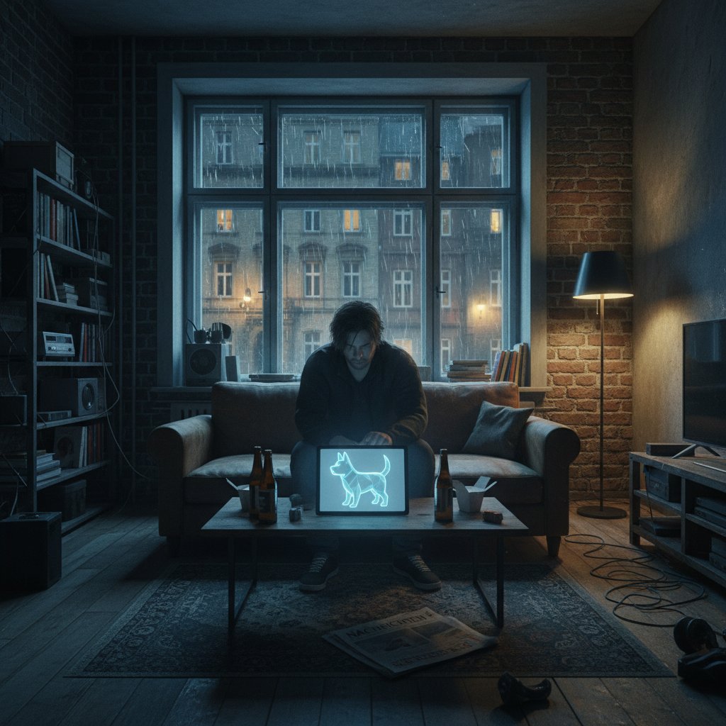 Erwachsener sucht Trost bei virtuellem Hund in Berliner Wohnung
