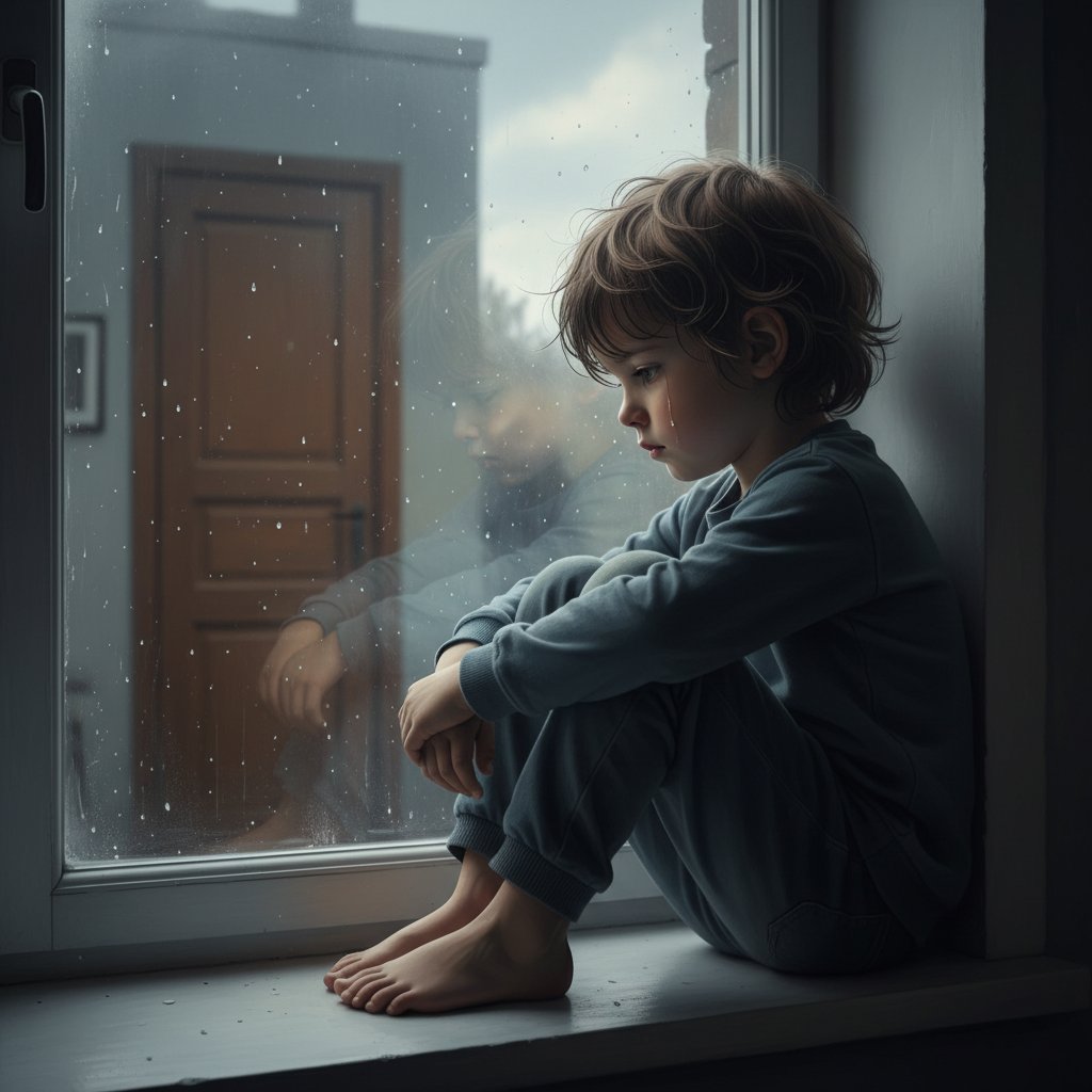 Dziecko siedzące samotnie przy oknie, wyraźnie zamyślone, objawy zaniedbania emocjonalnego