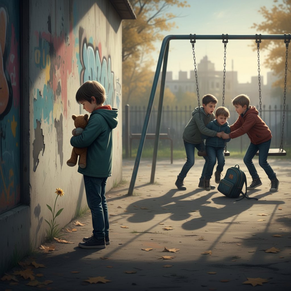 Dziecko siedzące samotnie na placu zabaw, symbolizujące wykluczenie i zaczyn rozwoju zaburzeń osobowości