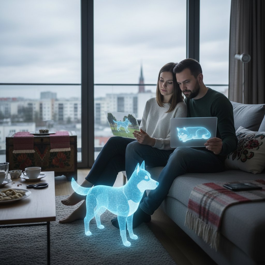 Para siedząca samotnie przy stole, na drugim planie wyświetlacz z wirtualnym pieskiem – symbol relacji online