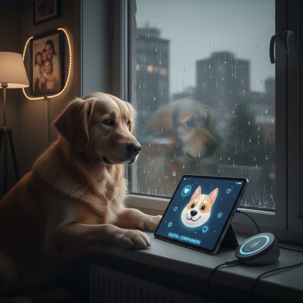 Pies patrzący przez okno, samotny, opieka przez internet