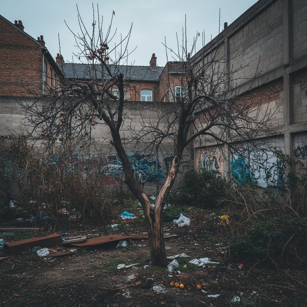 Samotne, chore drzewko owocowe z połamanymi gałęziami na podmiejskiej działce