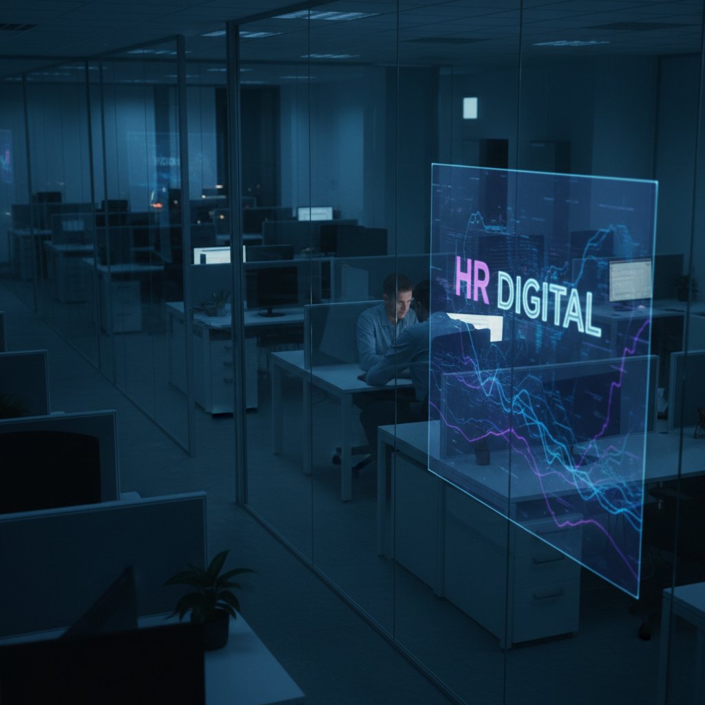 Pracownik sam przed komputerem, wyraźna izolacja, symbolizująca brak empatii w cyfrowym HR