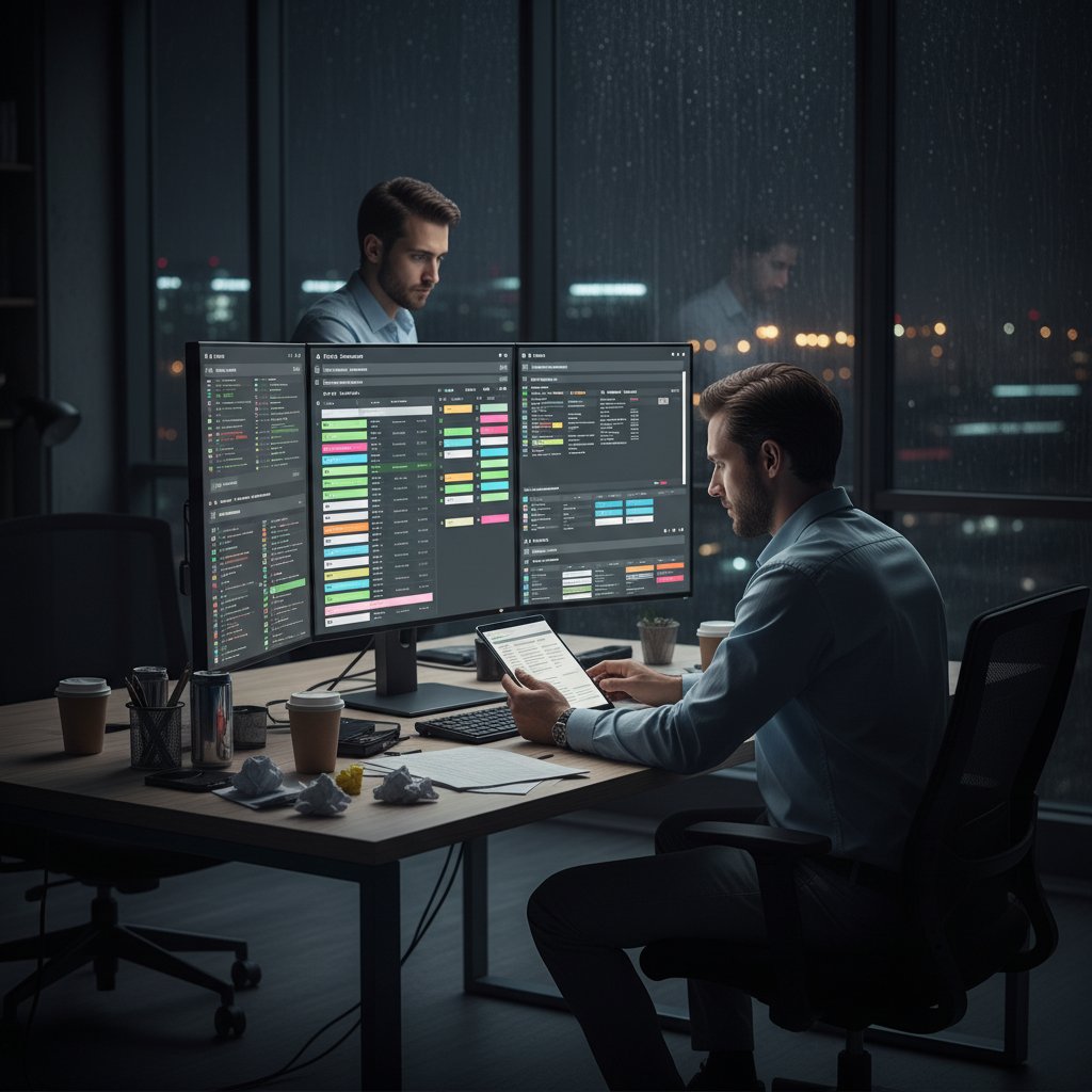 Samotny przedsiębiorca w nocy otoczony cyfrowymi listami zadań