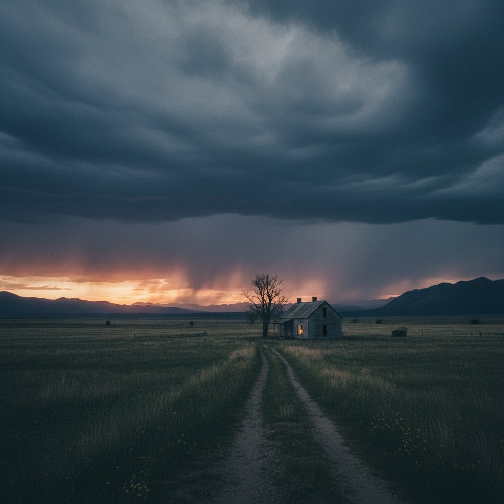 Lonely rural farmhouse at dusk, symbolizing isolation and resilience in rural movies