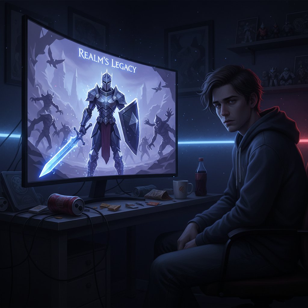 Gracz samotnie rozmawiający z cyfrowym bohaterem w ciemnym pokoju