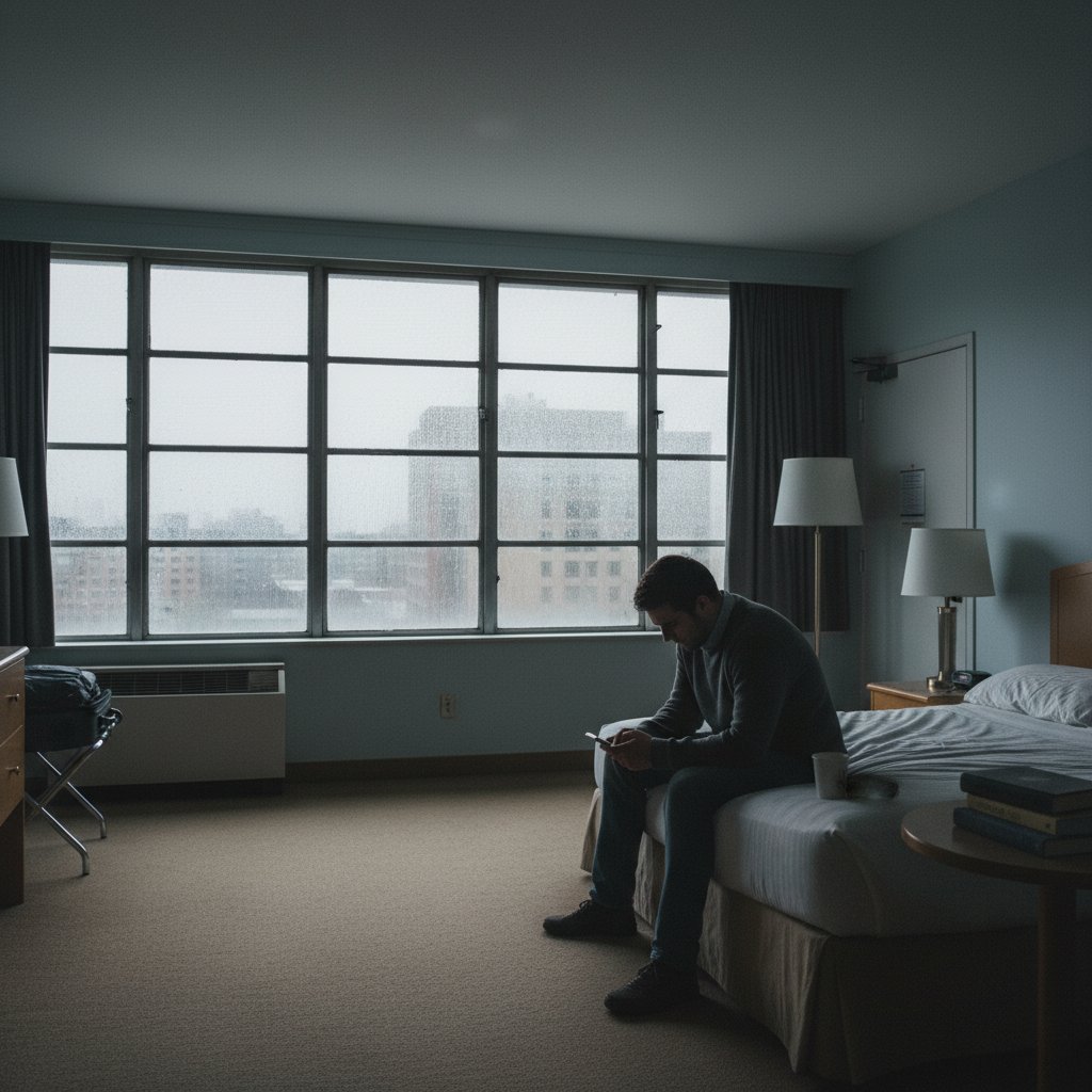 Samotny gość przy biurku w pokoju hotelowym, z widokiem na szpitalne okna
