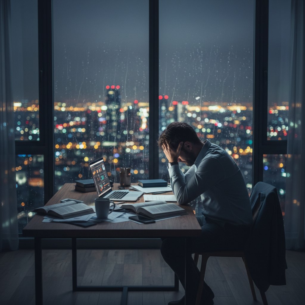 Samotny mężczyzna siedzący przy biurku z wyłączonym komputerem, głowę opiera na dłoniach; w tle rozmyte światła miasta