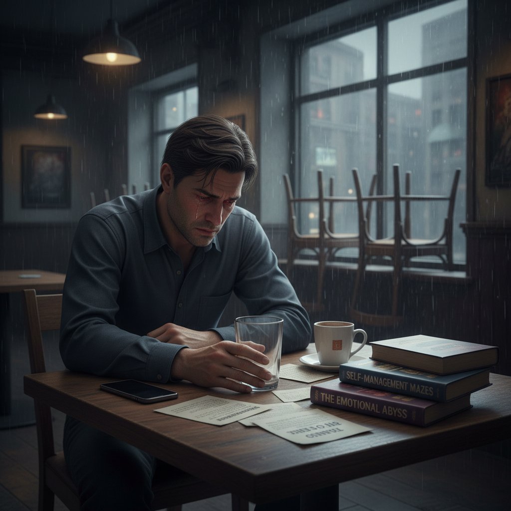 Samotny mężczyzna siedzący przy stole, patrzący w pustą szklankę – symbol pułapek samozarządzania