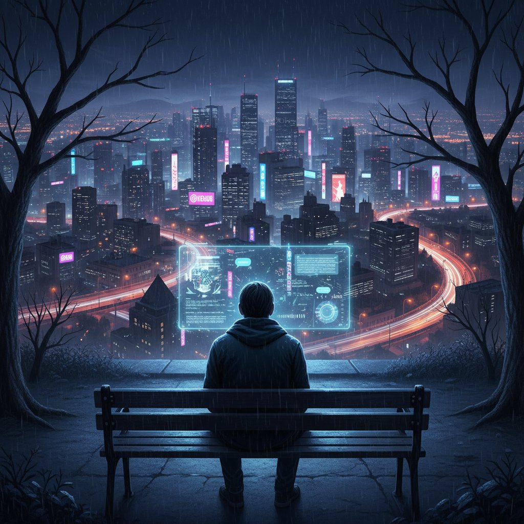 Samotna osoba rozmawiająca z AI przez telefon w nocnym, miejskim otoczeniu