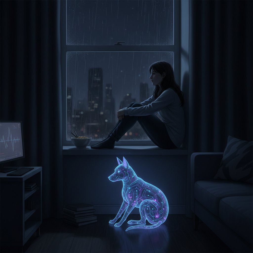 Młoda osoba korzystająca z AI-pieska w samotnym wieczorze – ilustracja epidemii cyfrowej samotności w Polsce