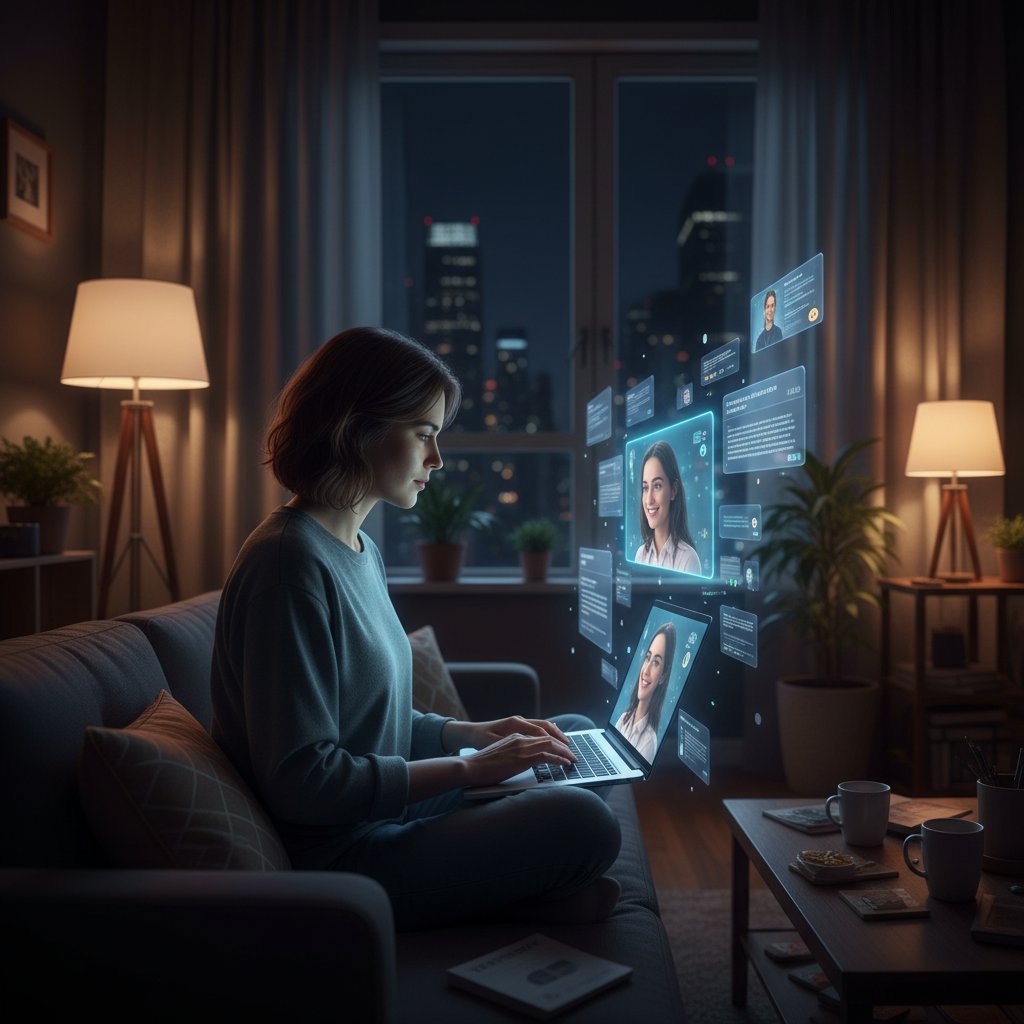 Leere Wohnung mit Person am Laptop, Symbol für digitale Einsamkeit und die Suche nach Intimität