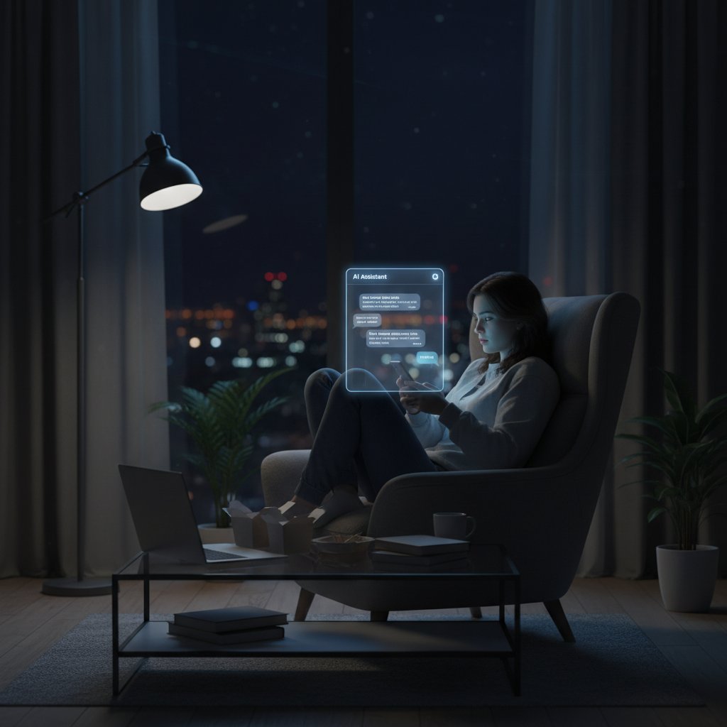 Osoba samotna w mieszkaniu z telefonem, ekran świeci, czuć klimat nocnej rozmowy z AI
