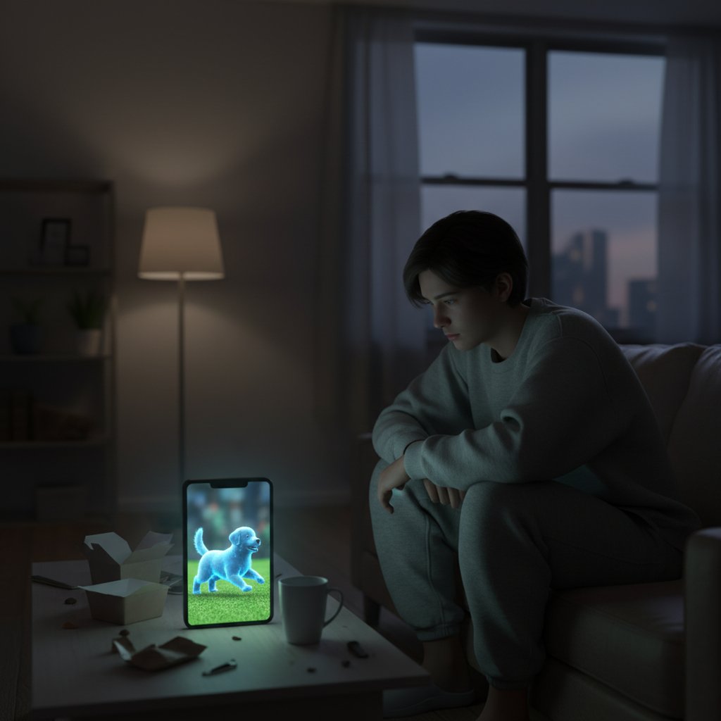 Osoba samotna w nowoczesnym mieszkaniu ze świecącym telefonem, symbolizująca wirtualnego przyjaciela psa i emocjonalne wsparcie online