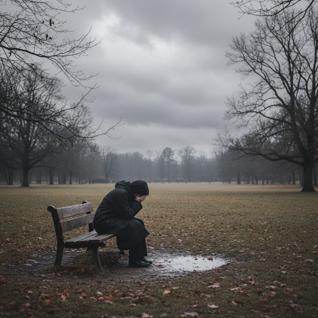 Samotna osoba na ławce w parku, szaruga, poczucie izolacji, głębia emocji