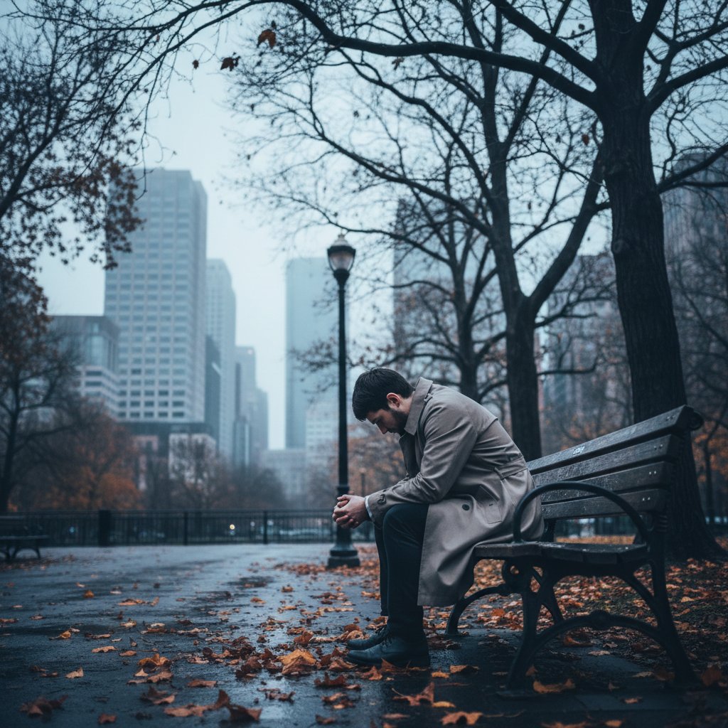 Osoba zrezygnowana siedząca samotnie na ławce w miejskim parku