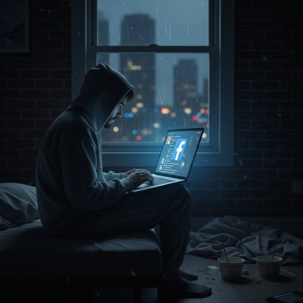 Samotna osoba przy laptopie w ciemnym pokoju, odblask niebieskiego ekranu, motyw Facebooka, samotność w Polsce