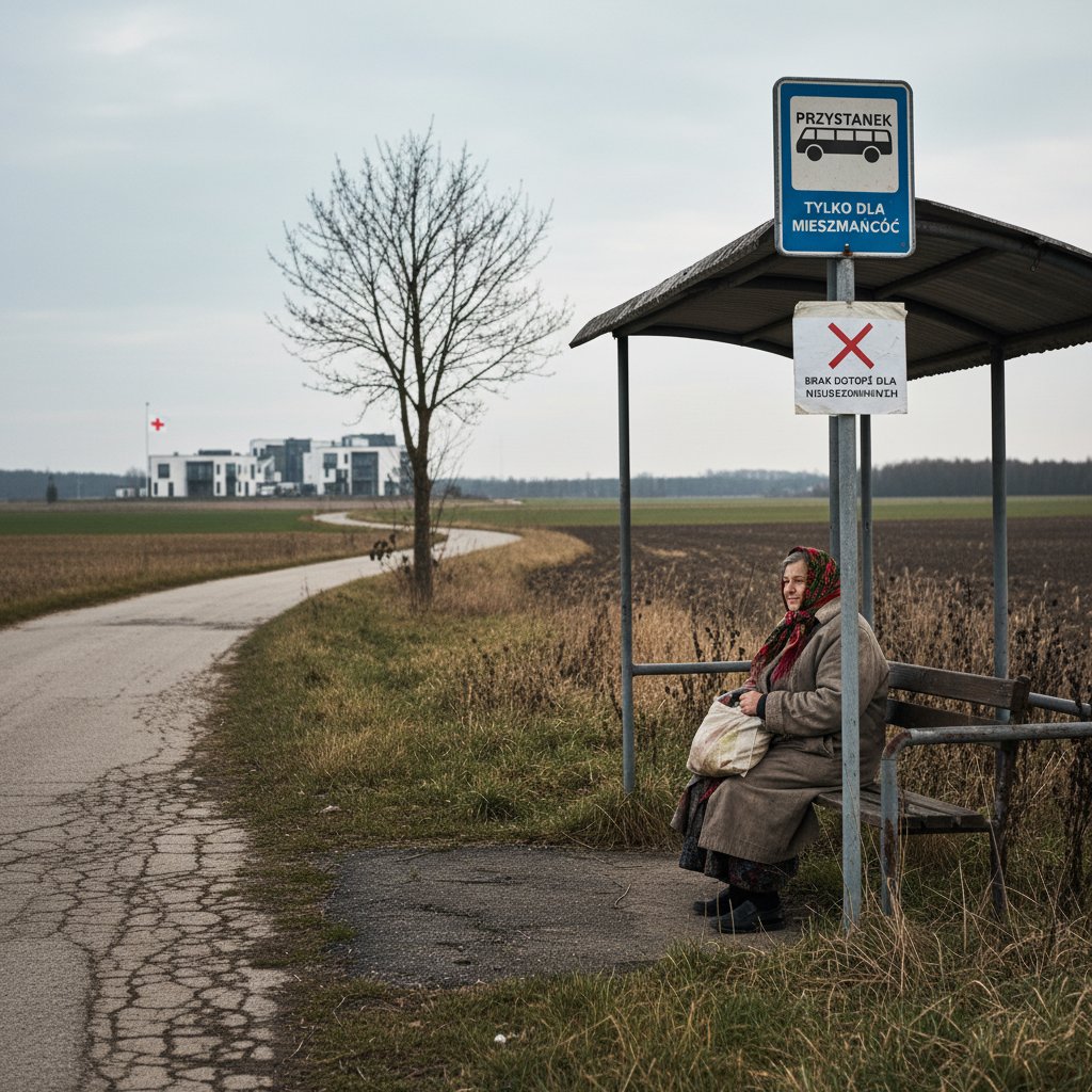 Samotna osoba na przystanku autobusowym w wiejskim krajobrazie, temat wykluczenia zdrowotnego