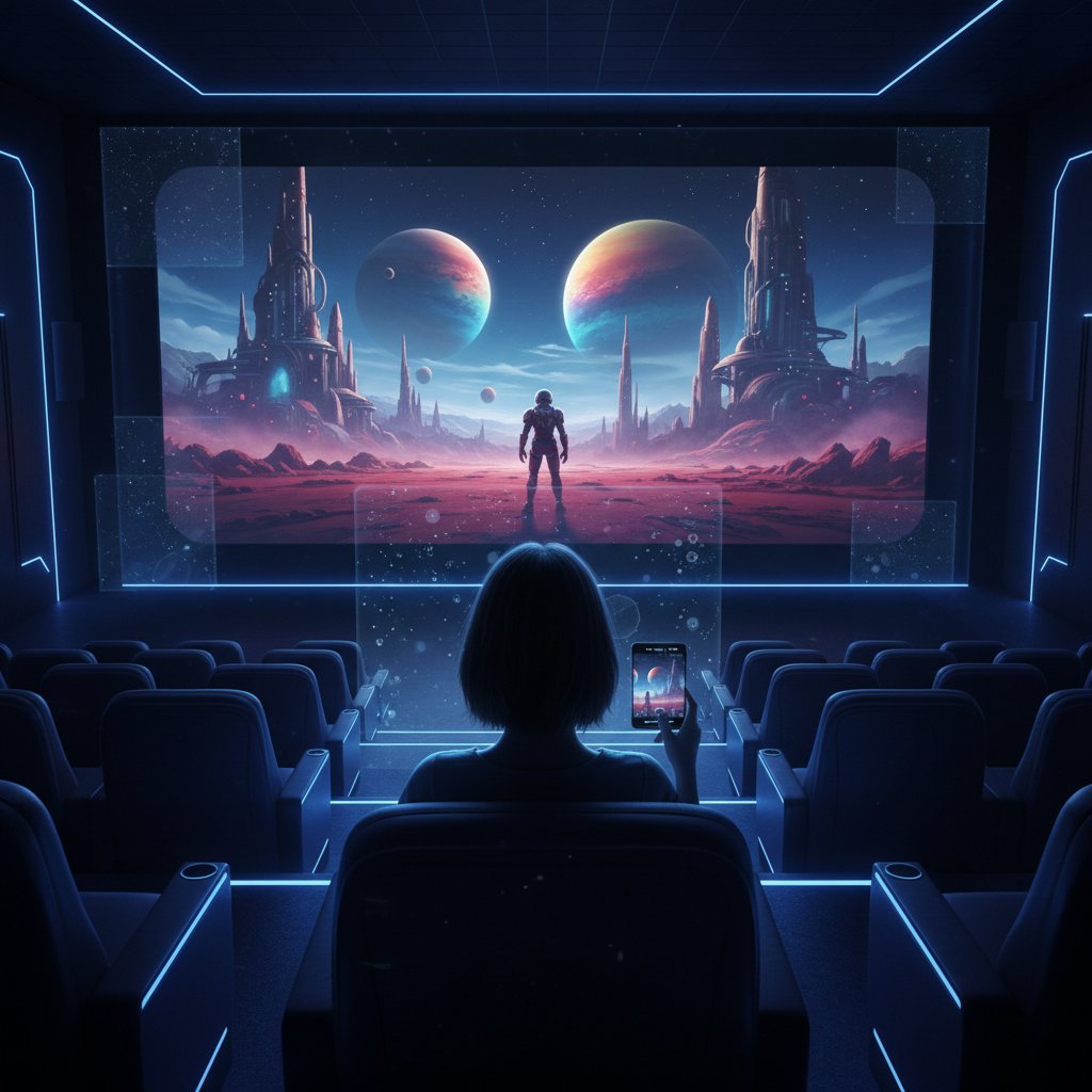 Postać ludzka siedząca samotnie w ciemnym kinie, oglądająca film science fiction o AI – popkulturowa refleksja