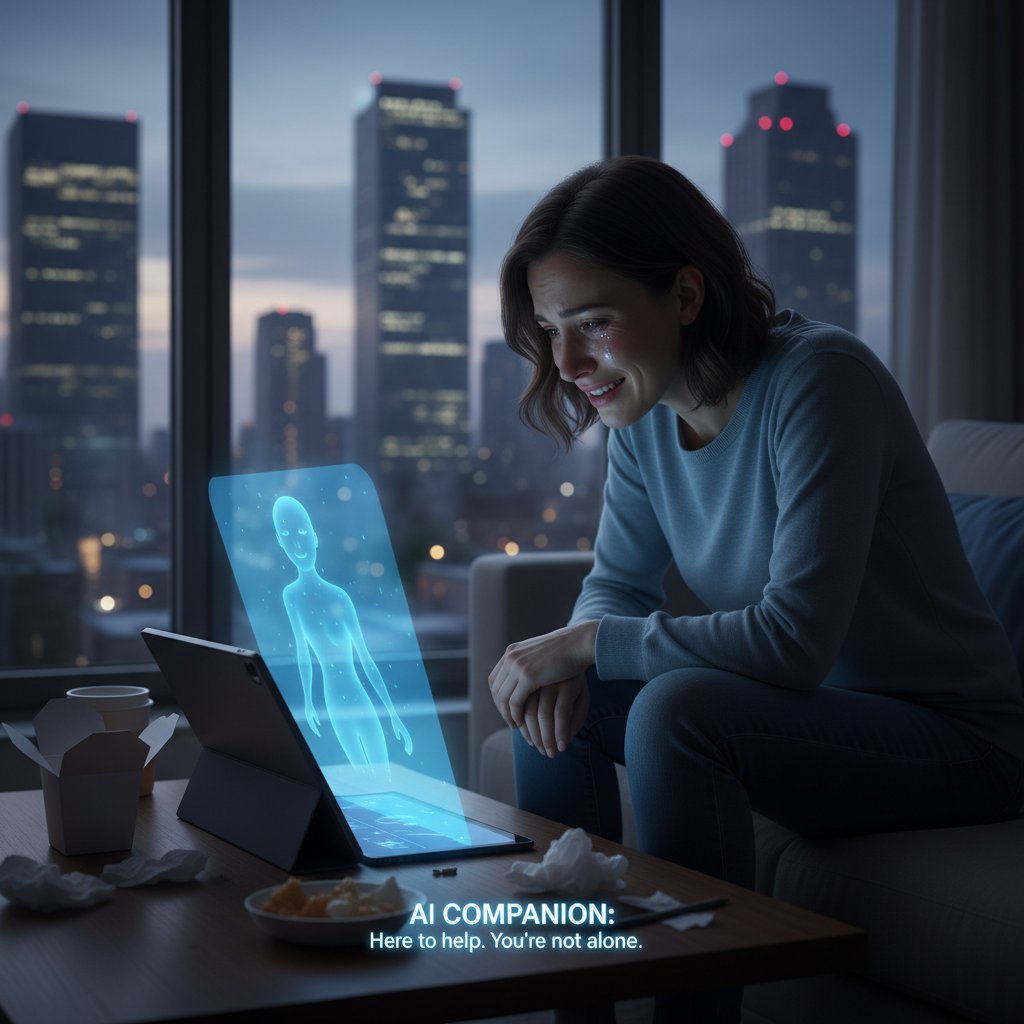 Samotna osoba w miejskim mieszkaniu nocą, rozmawia przez AI, czuje ulgę i wsparcie