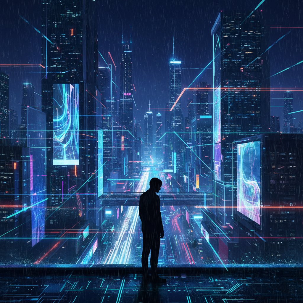 Sylwetka młodej osoby patrząca przez okno na miasto nocą, pełna tęsknoty, z cyfrowym światłem odbijającym się na twarzy